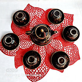 Bộ ấm trà men hỏa biến đen vẽ sen vàng 24k gốm sứ Bát Tràng cao cấp