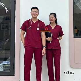 Bộ scrubs bác sĩ, quần áo y tế phẫu thuật - Màu đỏ đô - Vải cotton co giãn