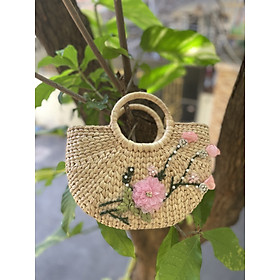 Túi cói đi biển, giỏ lục bình trang trí hoa cườm hồng