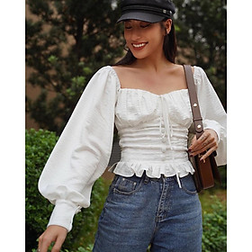 QUẢNG CHÂU Áo croptop trắng tay dài đính nơ ngực - chất đũi thoáng mát - thích hợp đi biển, dạo phố CAO
