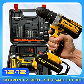Bộ máy khoan pin RAKUTEN 66V khoan tường, khoan sắt, khoan bê tông máy 2 pin, đảo chiều và mũi khoan