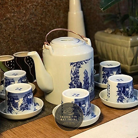 Mua Bộ Ấm Chén Tích Trà Đạo Gốm Trắng Men Lam Bát Tràng Trúc Lâm Thất Hiền Dáng Tích Lan (Bộ Ấm Chén) ATA 25
