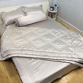 Bộ Chăn Trần Bông Ga Gối Phi Lụa 5 Món Cao Cấp Lan Bedding Màu Xám Kem