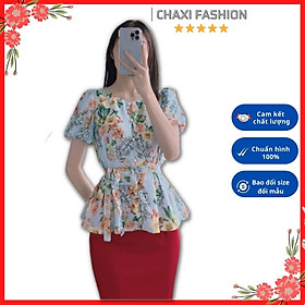 Áo kiểu peplum hoa lá cột eo xếp ly siêu xinh - A55145 - Hàng thiết kế