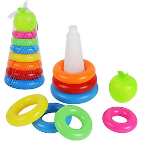 Kids Baby's Bath Tub Floating Toy Set - 7 Colorful Stacking & Nesting Rings with a Cute Green Apple, Birthday Gift