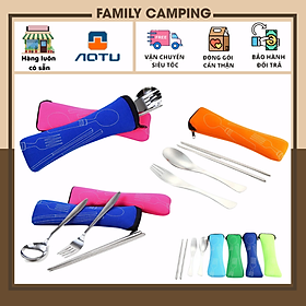 Bộ đũa thìa dĩa inox có túi đựng gọn nhẹ tiện dụng cho việc ăn uống cắm trại, du lịch, nhà bếp