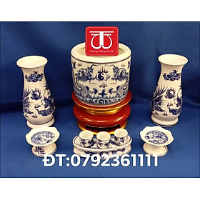 Mua BỘ BÁT HƯƠNG VẼ RỒNG (ĐK BÁT: 16 18 20) ĐẾ GỖ SƠN SON THẾP VÀNG  ĐẾ CAO 12CM