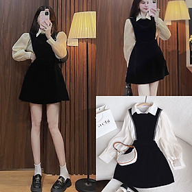 SET ĐẦM YẾM NGẮN ĐEN NHUNG VÁY CHỮ A + ÁO SƠ MI TRẮNG TAY DÀI ĐI CHƠI NOEL ĐI TIỆC DẠO PHỐ ĐI BIỂN