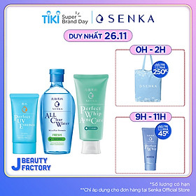 Bộ sản phẩm Senka làm sạch và chống nắng dành cho da mụn (Senka A.L.L.Clear Water Fresh 230ml + SRM Acne Care 100g + Senka Perfect UV Essence 50g)
