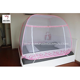 Mua Màn chụp   Mùng chụp cao cấp Mộc Miên đỉnh rộng kích thước 2 2mx2m - Hoạ tiết Hoa Lá Trắng Viền Hồng ( Hà Nội )