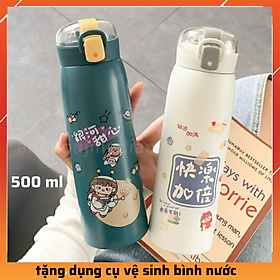 Mua Bình giữ nhiệt inox 304 bình giữ nhiệt 500ml có ống hút hoạt tiết dễ thương