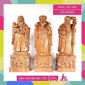 Bộ 3 tượng Phúc Lộc Thọ gỗ hương đứng trên khối đồng xu nguyên khối điêu khắc chạm cực đẹp - Cao 30cm