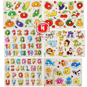 Đồ Chơi Trẻ Em - Đồ Chơi Xếp Hình - Combo 6 Bảng Núm Gỗ Cho Bé (Trái cây, Rau củ, Chữ, Số, Thú rừng, Thú biển)