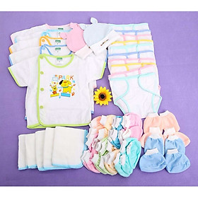 Bộ 42 Món Đồ Dùng Dành Cho Bé Sơ Sinh Cao Cấp 0 - 6 tháng( 5 áo tay ngan + 5 khăn sữa + 2 nón + 10 cặp bít tất tay + 10 cặp bao chân + 10 tã dán đóng góp tã)