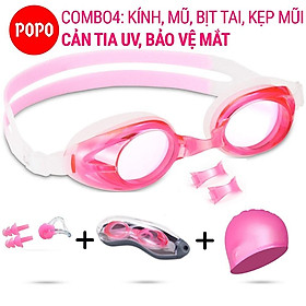 Kính bơi mũ bơi bịt tai kẹp mũi POPO 1153 trong suốt với lớp hạn chế sương mờ chống tia UV