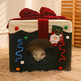 Christmas Cat House Winter Warm Tent Cushion Puppy Mat Nonslip Cave Comfortable Nest Cozy for Dog Kitty Sleeping Cat Accessories