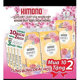 COMBO 10 bịch giấy treo tường đa năng KIMONO hoa VÀNG 4 lớp dạng rút 1100 tờ tặng kèm 2 móc treo đôi