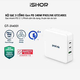 Củ sạc nhanh Prolink GT314001 3 cổng 140W (PD 3.1 & QC4+) công nghệ GAN phù hợp Laptop, Tablet, điện thoại - Hàng chính hãng