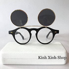 Kính râm Nam Nữ Mắt Tròn Gọng Nhựa 2 Tròng Mở Nắp Thời Trang Retro