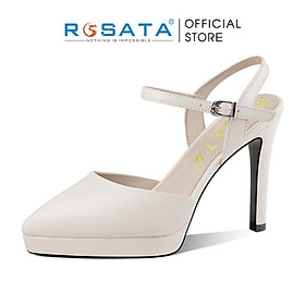Giày cao gót nữ đế vuông 9 phân mũi nhọn quai hậu khóa cài dây mảnh ROSATA RO586 - Trắng