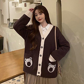 Áo khoác len nữ Cardigan THÊU GẤU 2 TÚI phom rộng vải dày dặn dễ thương