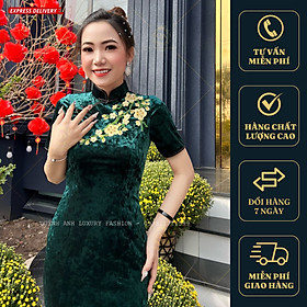 Đầm Sườn Xám Lụa Nhung Tuyết Xanh Rêu Trung Hoa Sang Trọng Nenito Dress