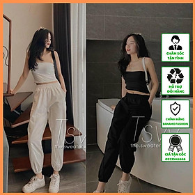 Quần jogger nữ bo gấu vải đũi xước siêu mát Quần bo ống nữ mùa hè Banamo Fashion 826