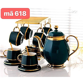Bộ bình trà cà phê màu xanh cổ vịt viền vàng, kèm Giá treo cốc, 6 thìa vàng, 6 đĩa lót tách