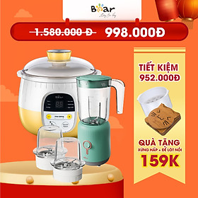 Combo Nồi Nấu Chậm 0,8L Bear SUBE001 và Máy xay ăn dặm đa năng 3 cối BL - B10V2 nấu cháo, chưng yến, ăn dặm tiện dụng - Hàng chính hãng