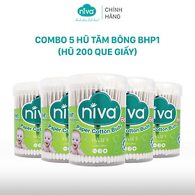 Combo 5 Tăm Bông Niva Cho Trẻ Sơ Sinh Hũ Xoay 200 Que Thân Giấy BHP1 Bông Tự Nhiên Kháng Khuẩn An Toàn, Thân Thiện Môi Trường