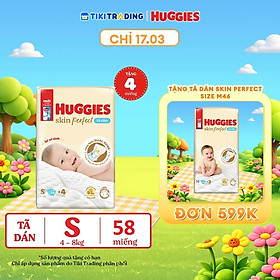 Tã/bỉm dán sơ sinh Huggies Skin Perfect S 54+4 miếng với 2 vùng thấm giảm kích ứng da