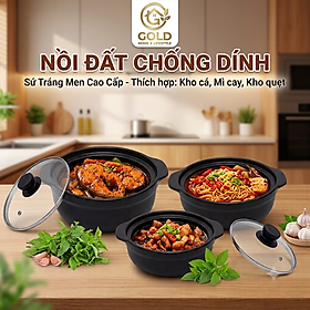 Nồi đất sứ loại 1 tráng men chống dính có nắp, sâu lòng, cạn lòng - Kho cá, thịt, mì cay, cơm niêu