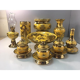 Mua Combo Bộ Thờ cúng bằng sứ nhũ kimsa   thờ thổ công hoặc cúng thần tài Thổ Địa gồm 10 món ( tặng kèm bộ cúng nước 3 ly) KH88888