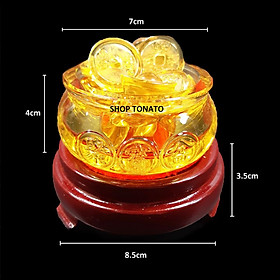 Mua CHẬU VÀNG PHONG THỦY  CHẬU TỤ BẢO KIM NGUYÊN BẢO CHIỀU TÀI LỘC BÁT TỤ BẢO VÀNG KÈM ĐẾ GỖ ĐỦ SIZE CV02