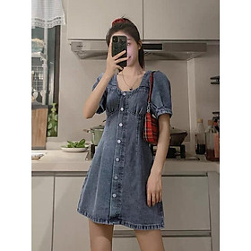 MS749 Váy đầm denim cổ vuông tay bồng, đầm jeans nữ dáng suông