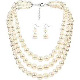 Bộ trang sức nữ ngọc trai vòng cổ 3 tầng và bông tai Vintage sang trọng