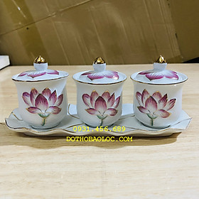 Mua Chum nước thờ có nắp bạch ngọc sứ hoa sen tím nổi 2 loại: bộ 3 ly và 5 ly