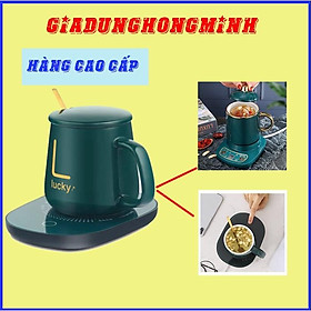 Bộ Cốc Ly Sứ Hâm Nóng Lucky Thông Minh Cao Cấp, Kèm Đế Điện Hâm Cafe, Sữa, Trà Tặng Kèm Thìa Mạ Vàng Tiện