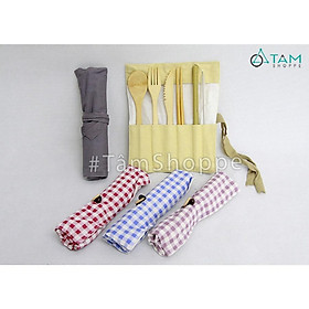 Bộ dao muỗng nĩa gỗ cao cấp kèm túi vải caro DMN-02
