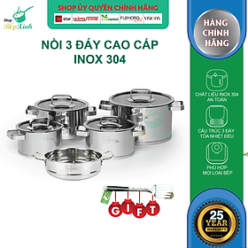 Bộ nồi inox 304 bếp từ 3 đáy và xửng hấp inox 24cm Fivestar nắp kính tặng 1 SẠN INOX