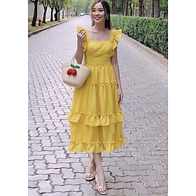 Đầm maxi vàng hở lưng XDS184