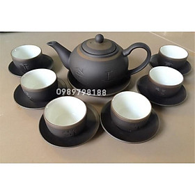 Mua Bộ ấm chén  gốm Phúc Lộc Thọ -men đen chỉ nâu lòng trắng