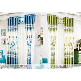 Mua Rèm cửa sổ cửa chính đẹp- Sẳn khoen- cắt chiều cao miễn phí - hình Hoa Tulip xanh biển và xanh lá