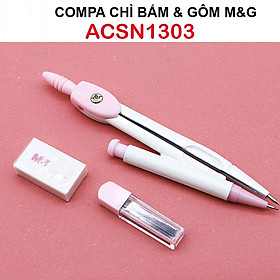 Nơi bán Compa chì bấm, có kèm cuc gôm, hộp ngòi M&G ACSN1303 thân màu hồng hình, hộp hình chú heo dễ thương - Giá Từ -1đ