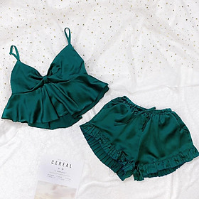 Đồ Ngủ Lụa Sexy 2 Dây Gợi Cảm Nhún Nơ Chất Lụa Satin Freesize