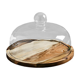 Glass Cover Serving Tray with Glass Cover Wooden Cake Stand for Kitchen