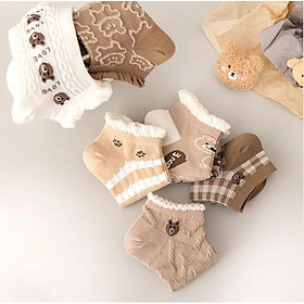 Set 6 đôi tất hình Gấu tone Nâu cổ ngắn nhún bèo xinh xắn - giao hình và màu ngẫu nhiên