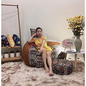 Mua ghế xốp dáng lê  thổ cẩm nâu mix nâu da lộn  size L  có xốp