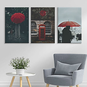Bộ 3 Tranh Ép Gỗ MDF Treo Tường Quán Cafe "Red Umbrella" W172