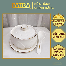 Mua Bát có nắp dáng đài sen trắng  chén yến vẽ vàng kim cao cấp (tặng thìa và đĩa lót)